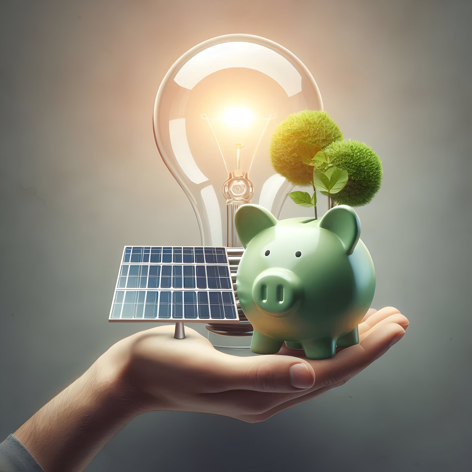 pessoa que detem eco piggy bank e o conceito de poupanca de paineis solares e de investimento em energias renovaveis 2